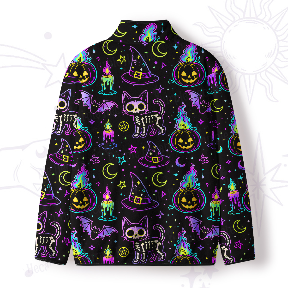 Purplehecate Neon Halloween Skeleton Cat Full Zip Fleece Jacket