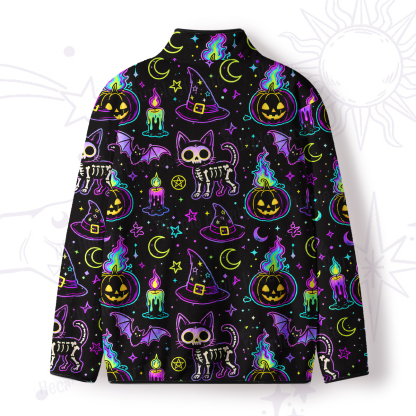 Purplehecate Neon Halloween Skeleton Cat Full Zip Fleece Jacket