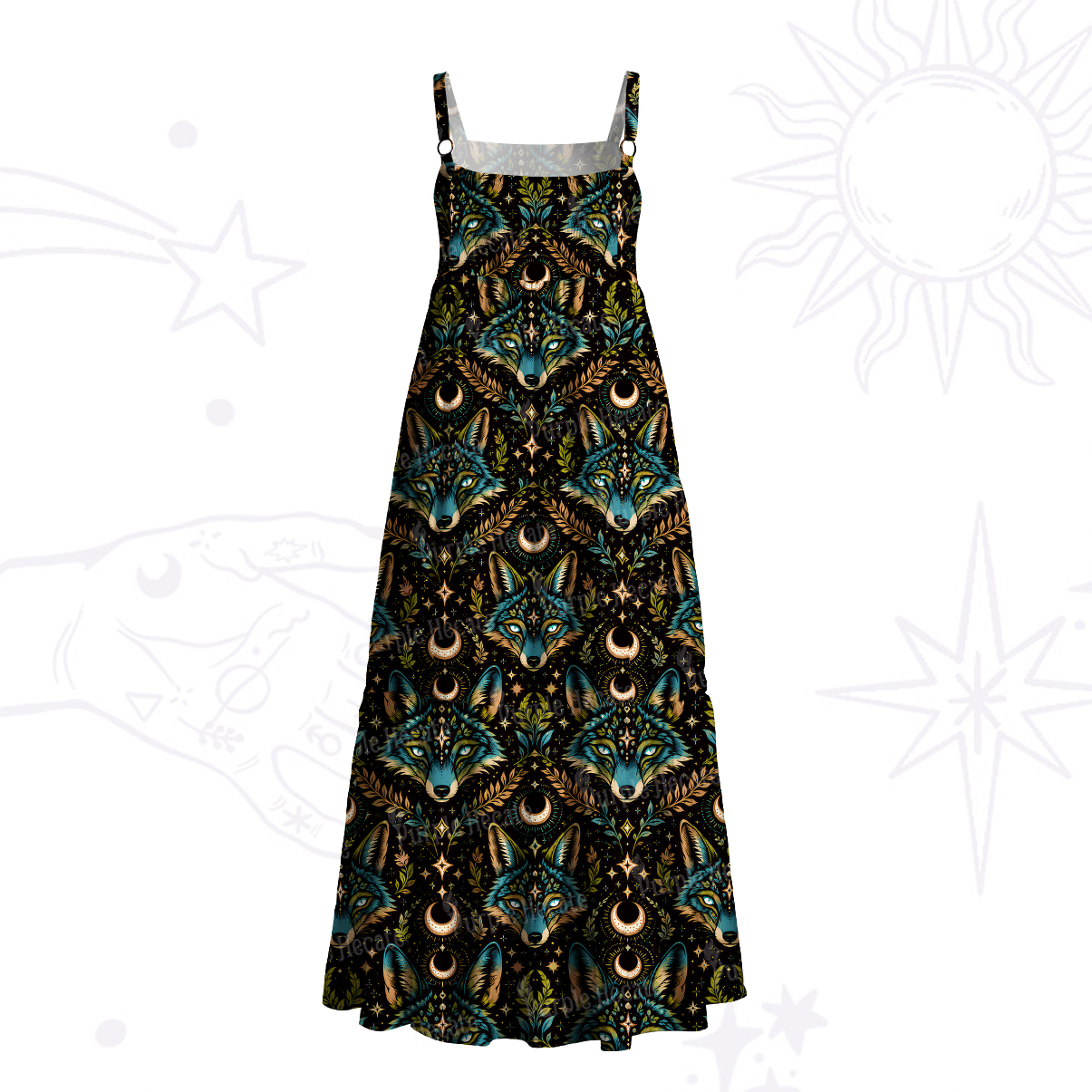 Purplehecate Lunar Forest Spirit Wolf Wide Straps Maxi Dress