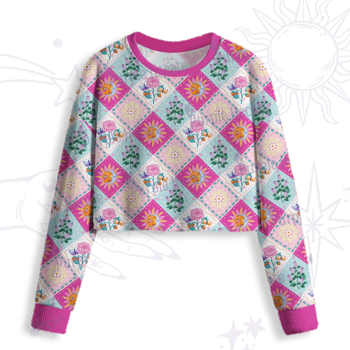 Purplehecate Celestial Sun & Moon Patchwork Crop Fuzzy Ugly Sweatshirt