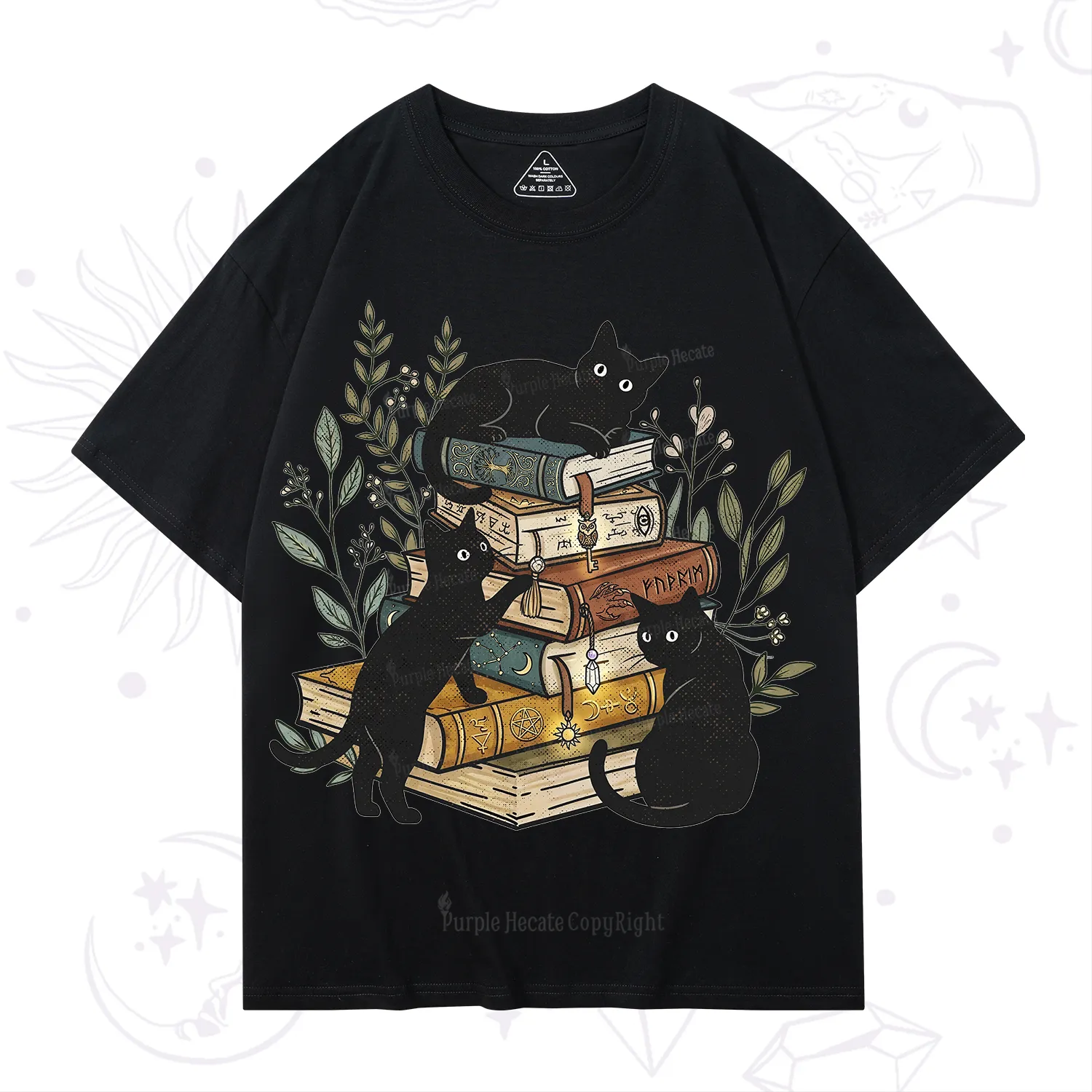 Purplehecate Enchanted Library Three Black Cats T-Shirt
