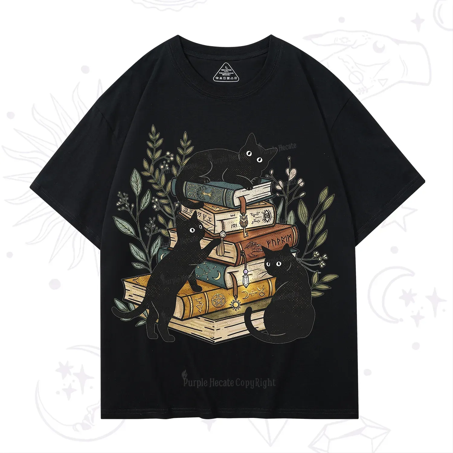 Purplehecate Enchanted Library Three Black Cats T-Shirt