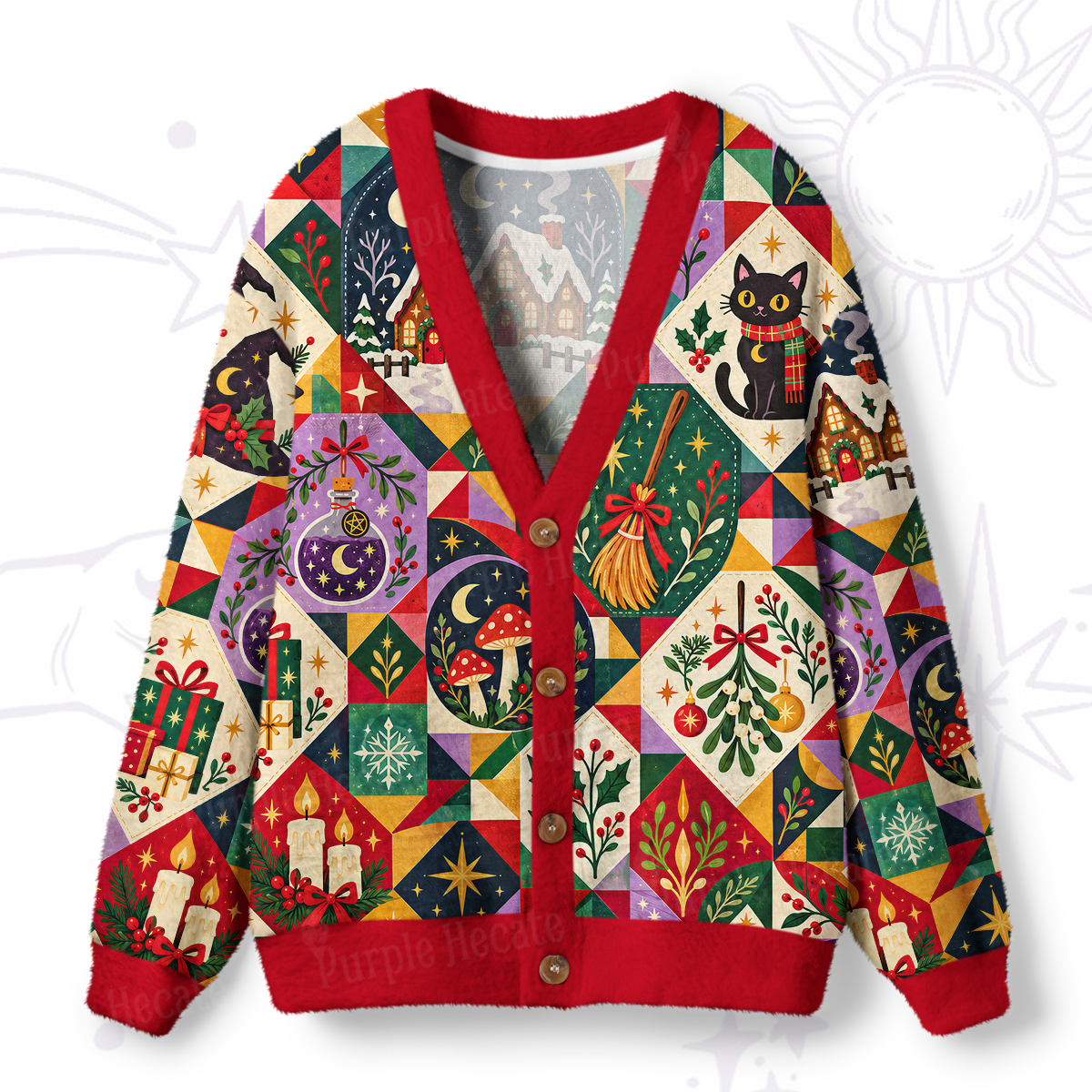 Purplehecate Christmas Magic Squares Patchwork Ugly Cardigan Sweaters