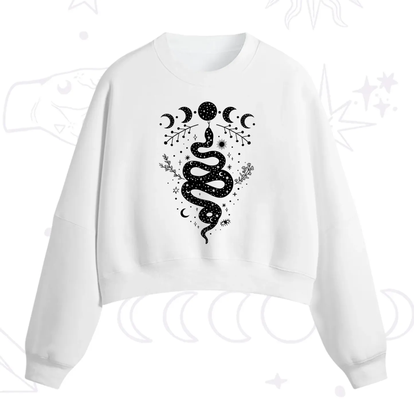 Purplehecate Snake And Moon Phase Comfort Fleece Cropped Sweatshirt