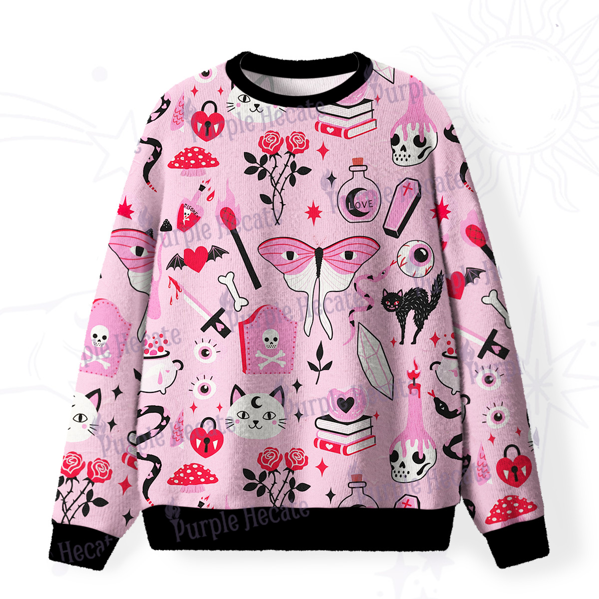 Purplehecate Black Cat Witchy Pink Fuzzy Ugly Sweatshirt