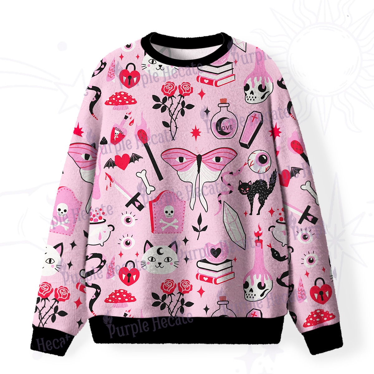 Purplehecate Black Cat Witchy Pink Fuzzy Ugly Sweatshirt