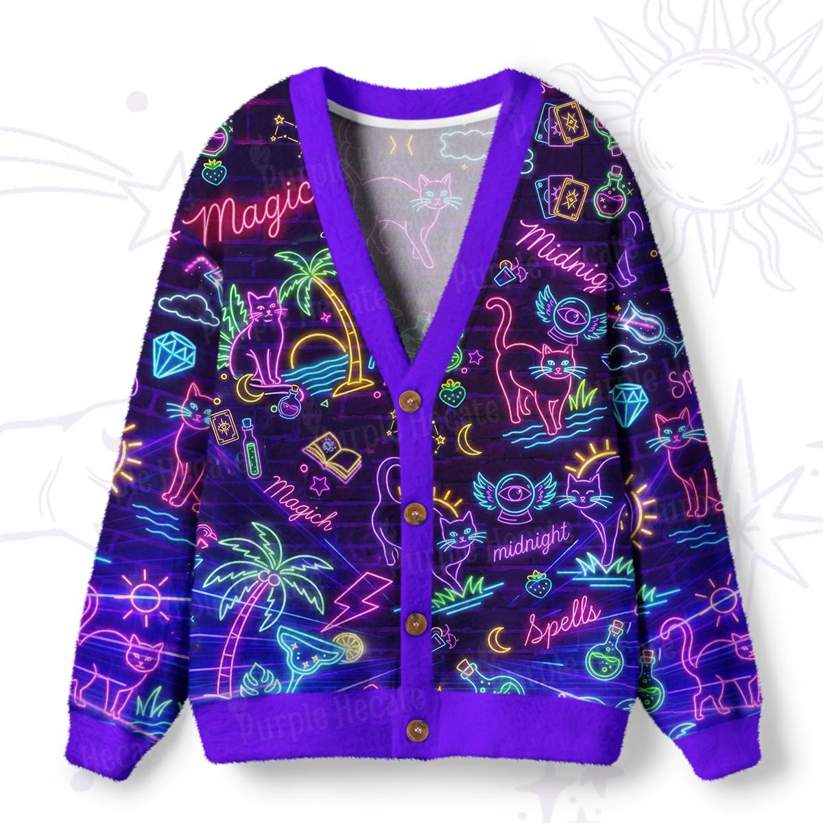 Purplehecate Neon Midnight Cat Magic Ugly Cardigan Sweaters