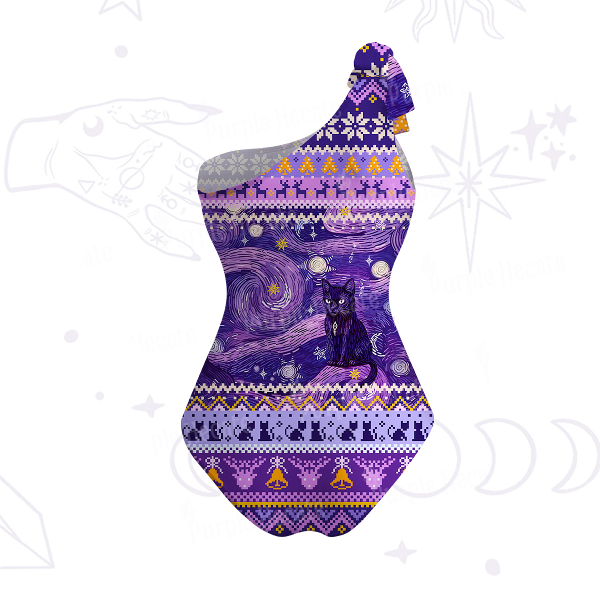 Purplehecate Mystic Cat Beneath the Cosmic Veil One-Shoulder One-Piece Swimsuit