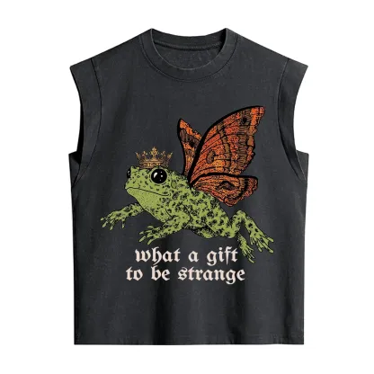 Purplehecate What a Gift to Be Strange Cat Frog Vintage Washed Tank