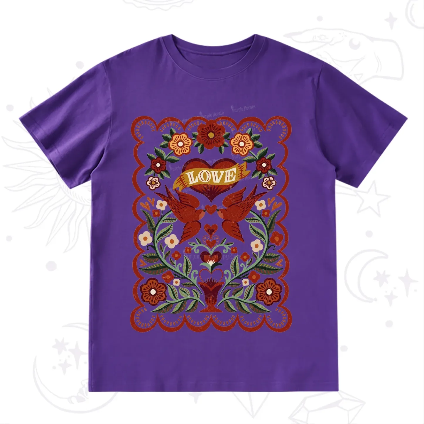 Purplehecate Folk Love Birds Floral T-Shirt