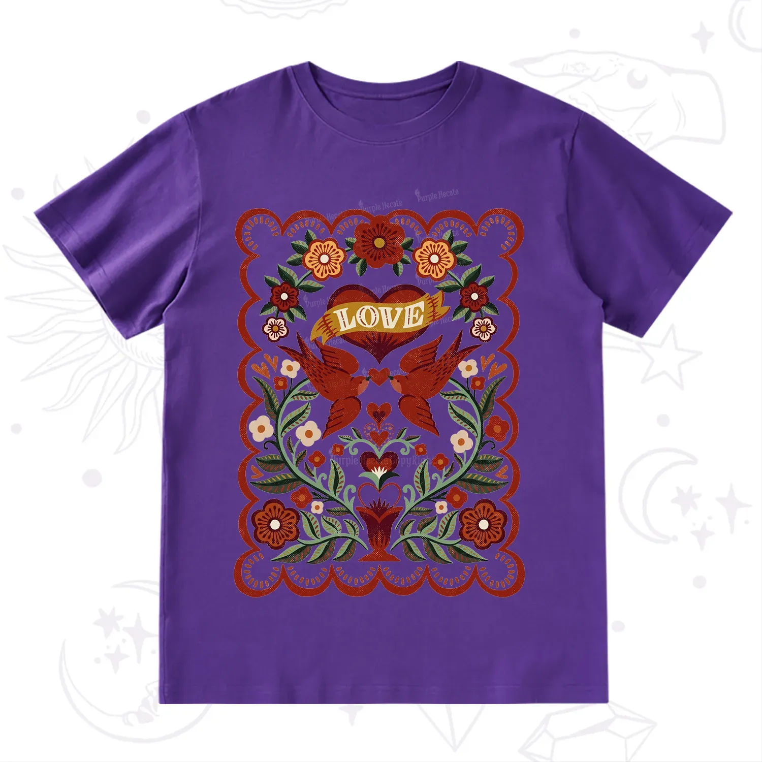 Purplehecate Folk Love Birds Floral T-Shirt