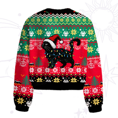 Purplehecate Cute Cat Christmas Fuzzy Crewneck Sweater
