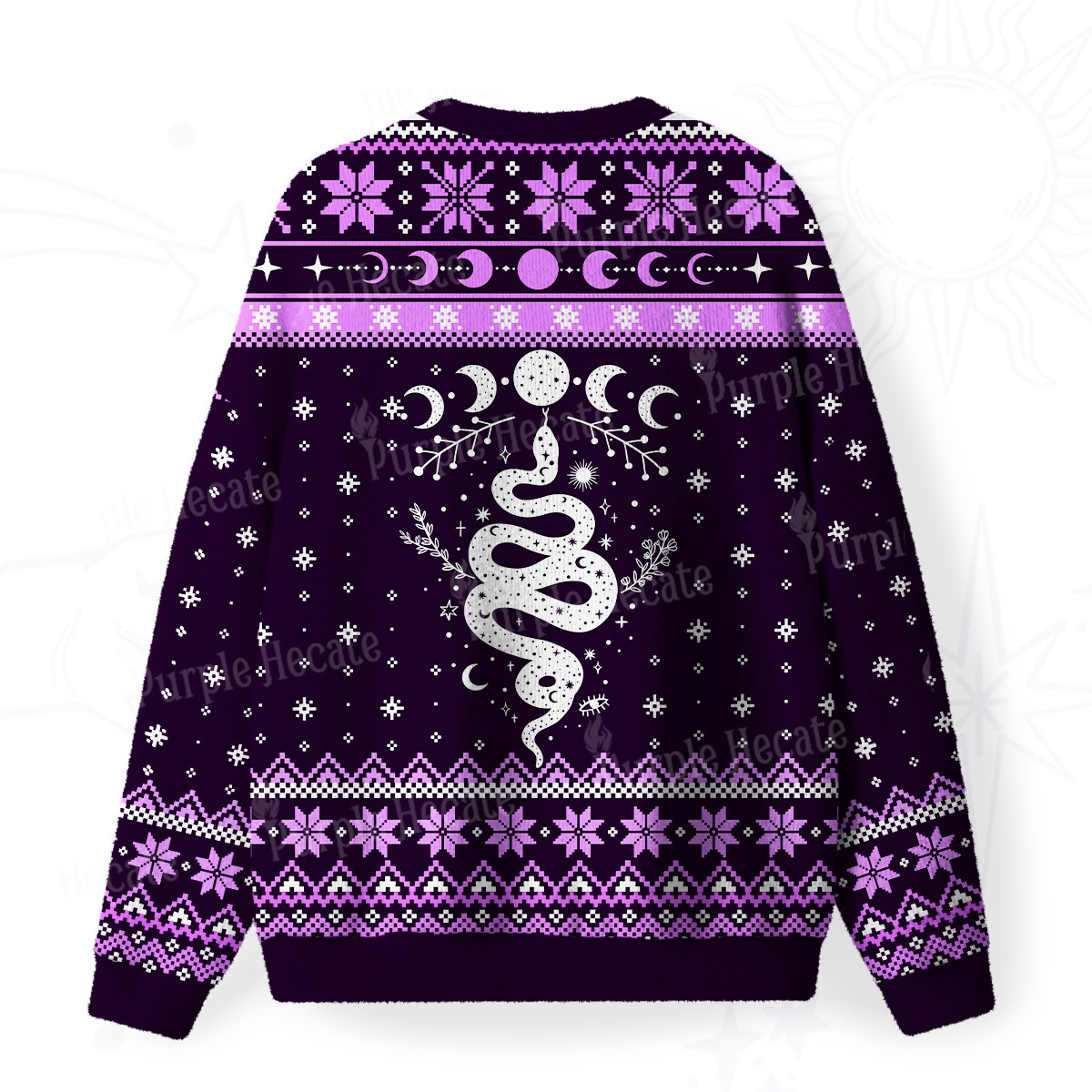 Purplehecate Snake And Moon Phase Fuzzy Ugly Christmas Sweatshirt