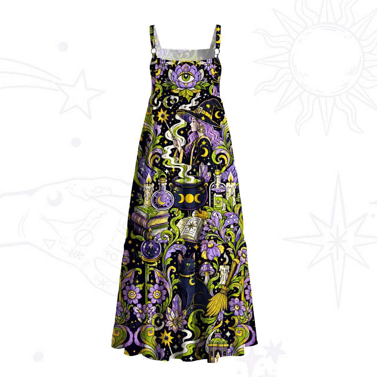 Purplehecate Black Cat Brewing Potion Wide Straps Maxi Dress
