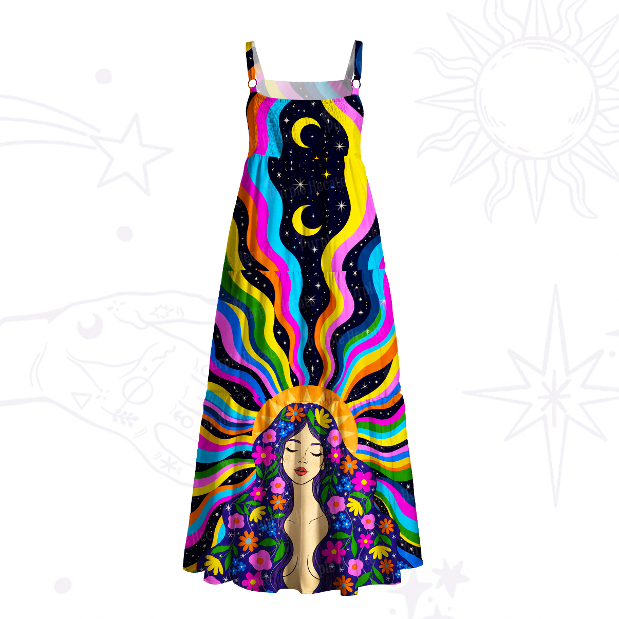 Purplehecate Cosmic Rainbow Goddess Meditation Wide Straps Maxi Dress