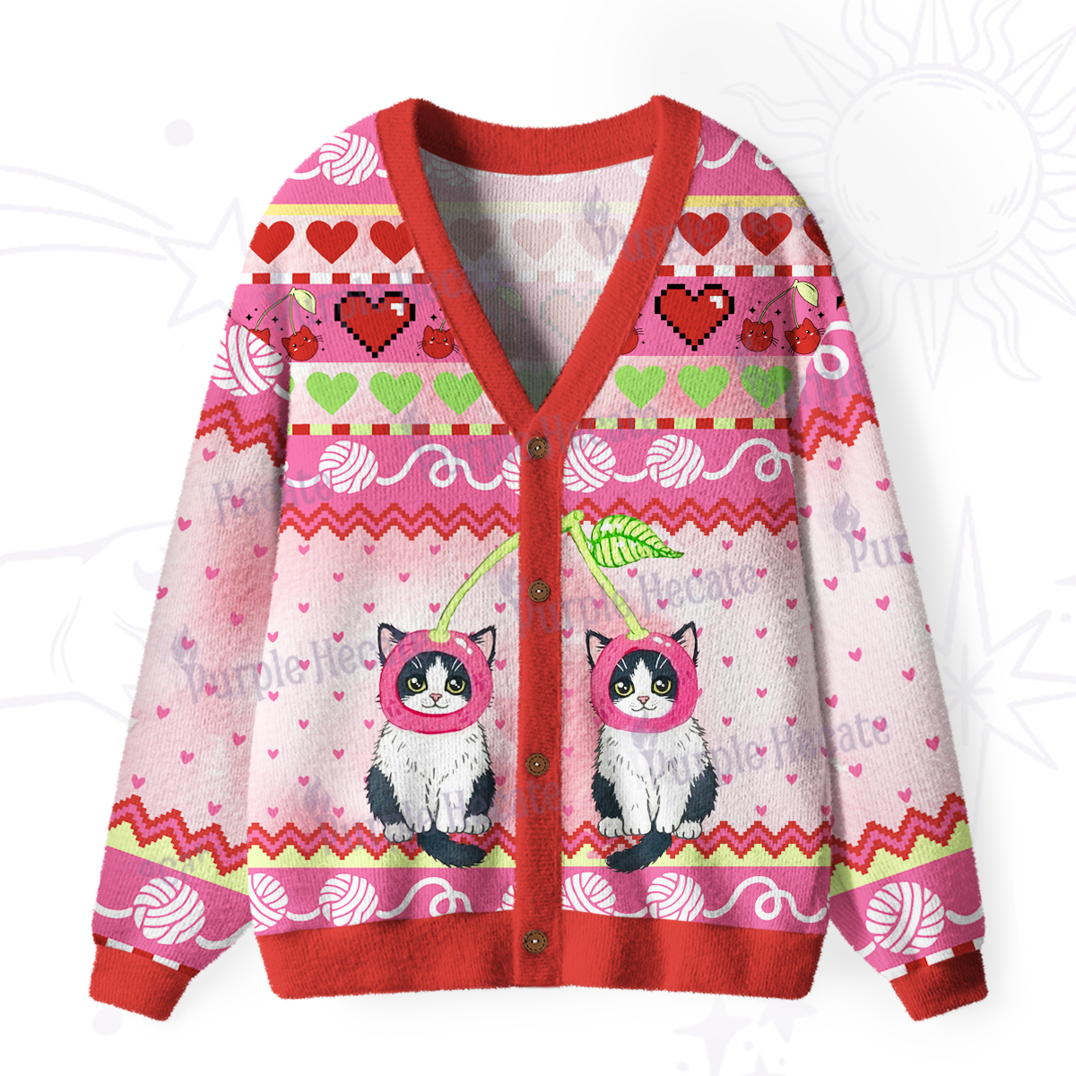 Purplehecate Whimsical Cat and Yarn Ugly Cardigan Sweaters