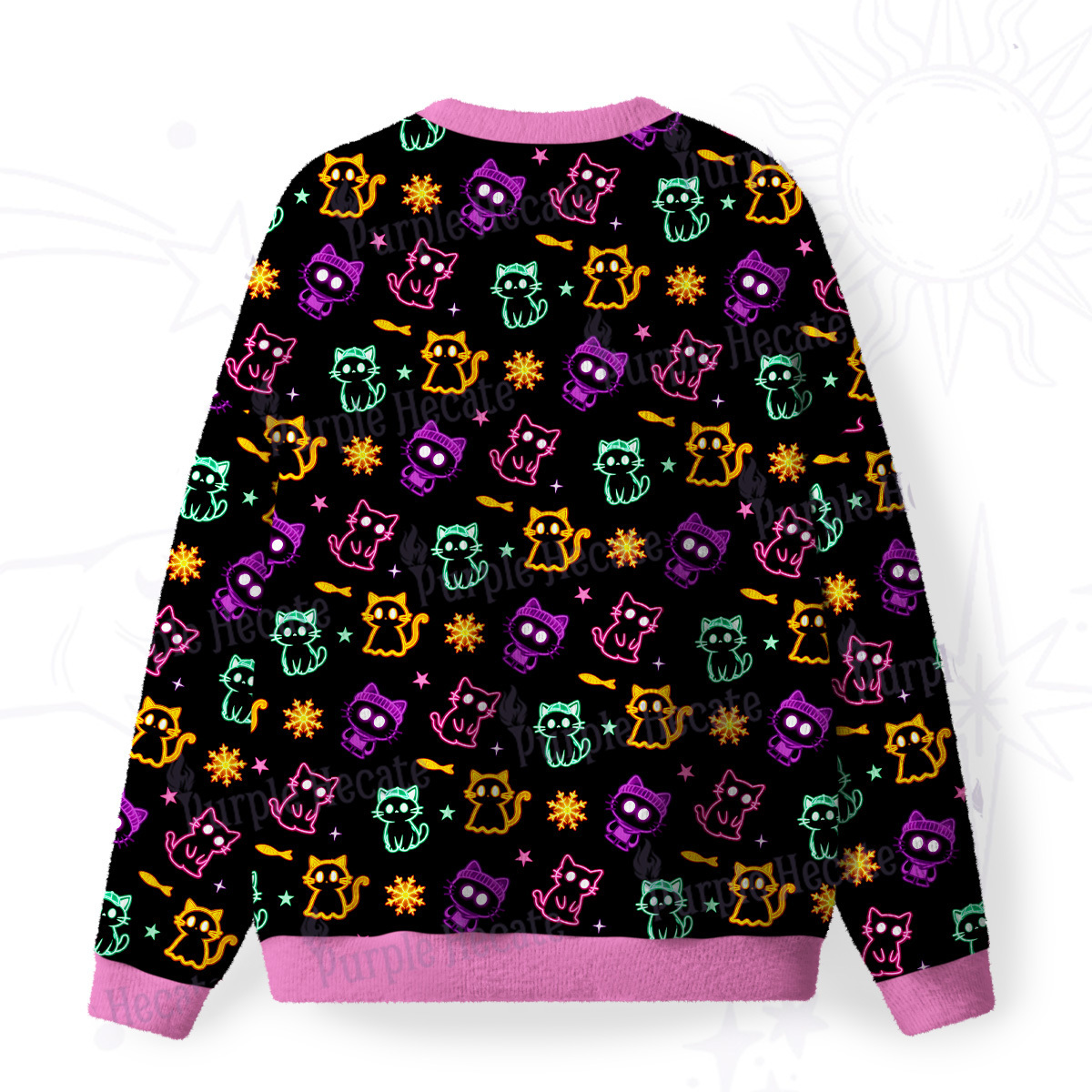 Purplehecate Neon Cat Party Fuzzy Ugly Christmas Sweatshirt