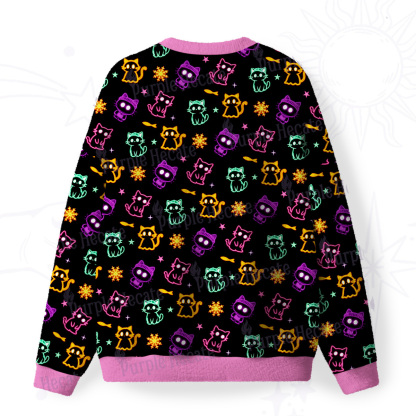 Purplehecate Neon Cat Party Fuzzy Ugly Christmas Sweatshirt