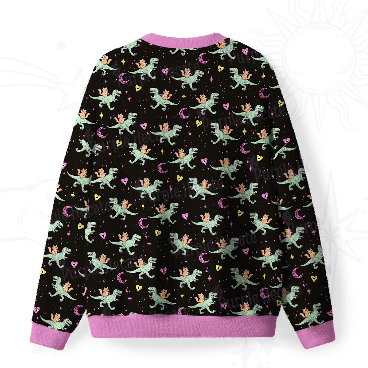 Purplehecate Witch Cat Rides the Dino Fuzzy Ugly Christmas Sweatshirt
