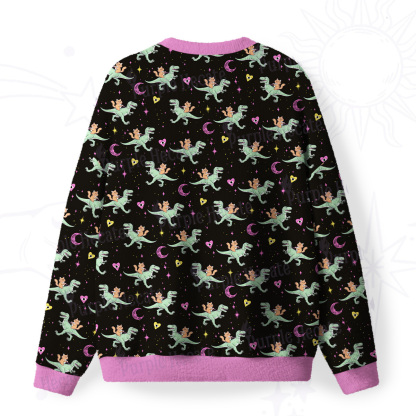 Purplehecate Witch Cat Rides the Dino Fuzzy Ugly Christmas Sweatshirt