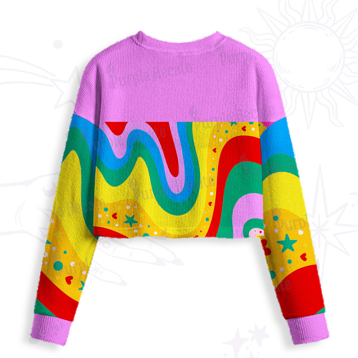 Purplehecate Dreamy Rainbow Waves Crop Fuzzy Ugly Sweatshirt