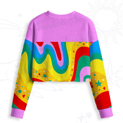 Purplehecate Dreamy Rainbow Waves Crop Fuzzy Ugly Sweatshirt