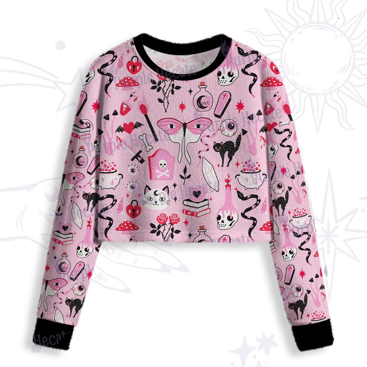 Purplehecate Black Cat Witchy Pink Crop Fuzzy Ugly Sweatshirt