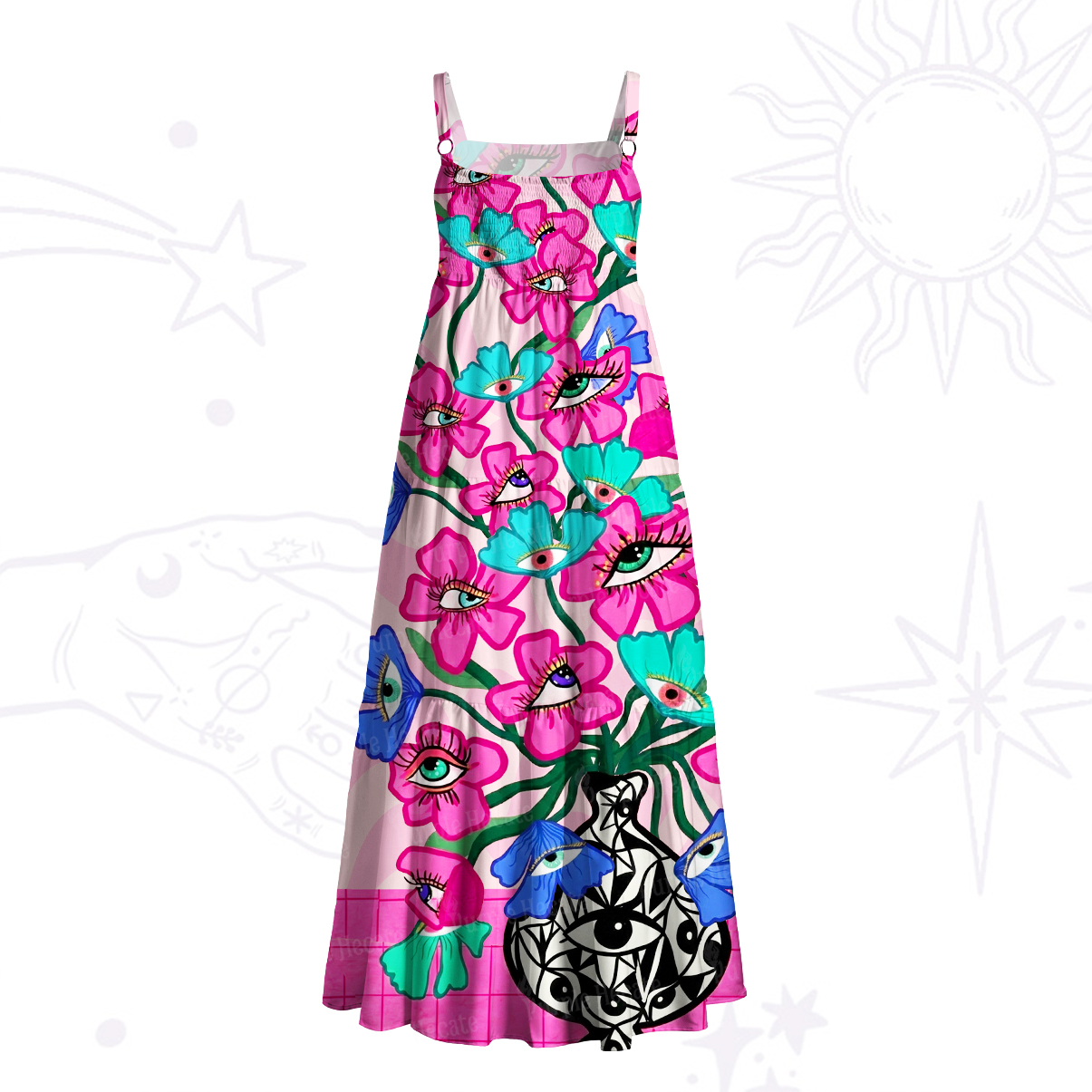 Purplehecate Trippy All‑Seeing Flowers Wide Straps Maxi Dress