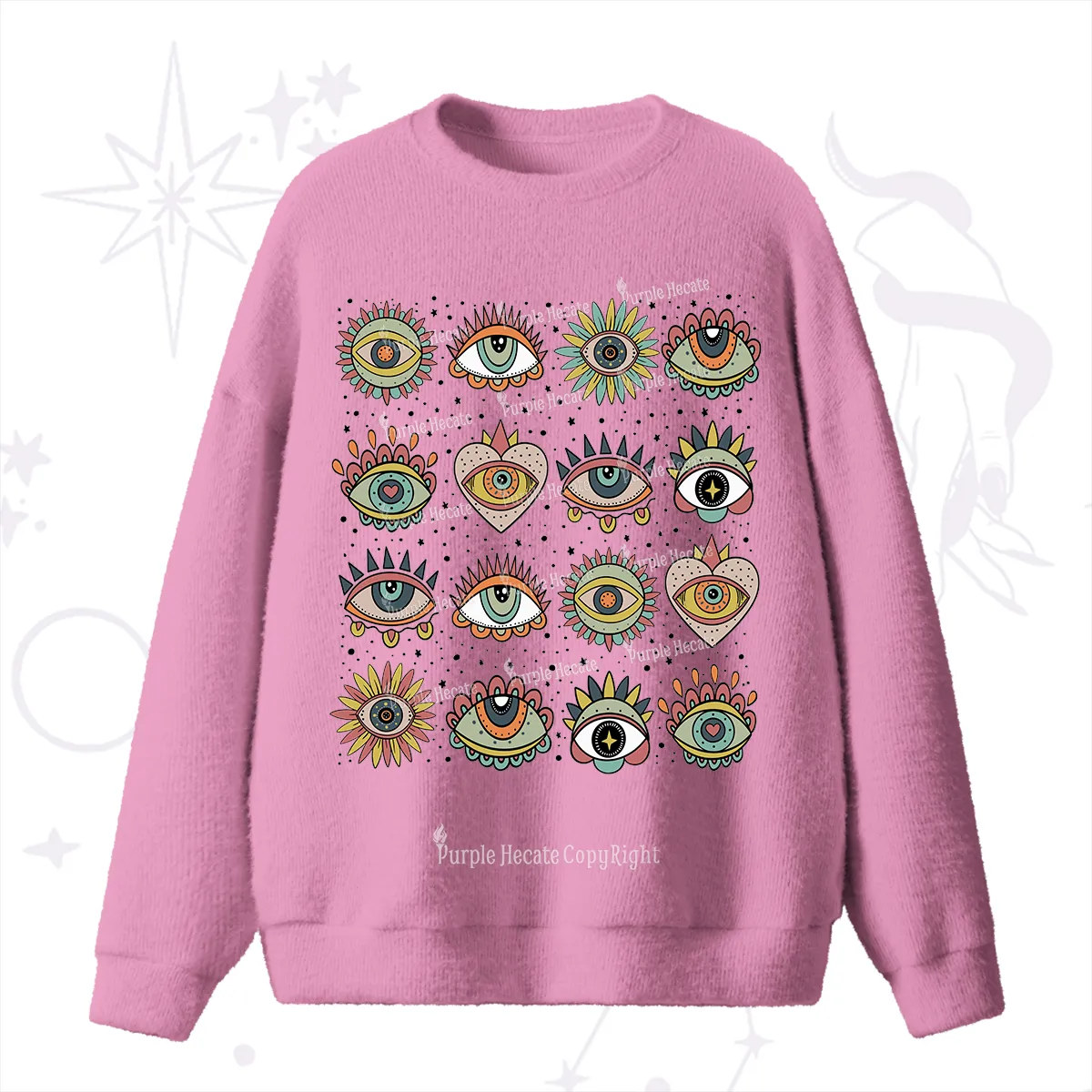 Purplehecate Mystical Evil Eye Pattern Fuzzy Ugly Sweater