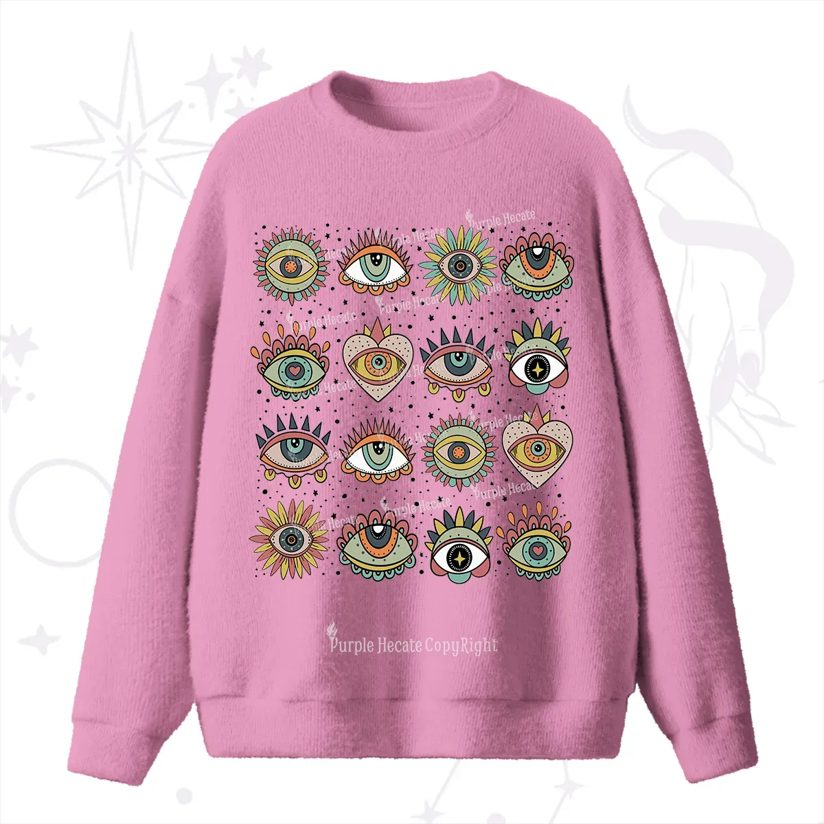 Purplehecate Mystical Evil Eye Pattern Fuzzy Ugly Sweater