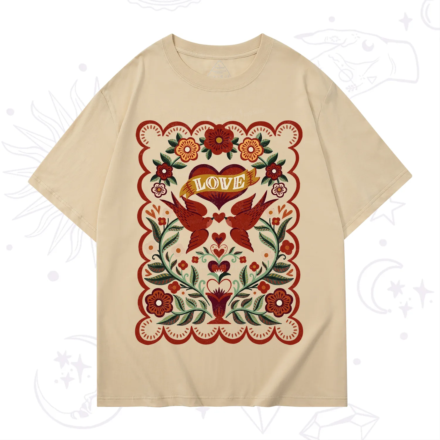 Purplehecate Folk Love Birds Floral T-Shirt