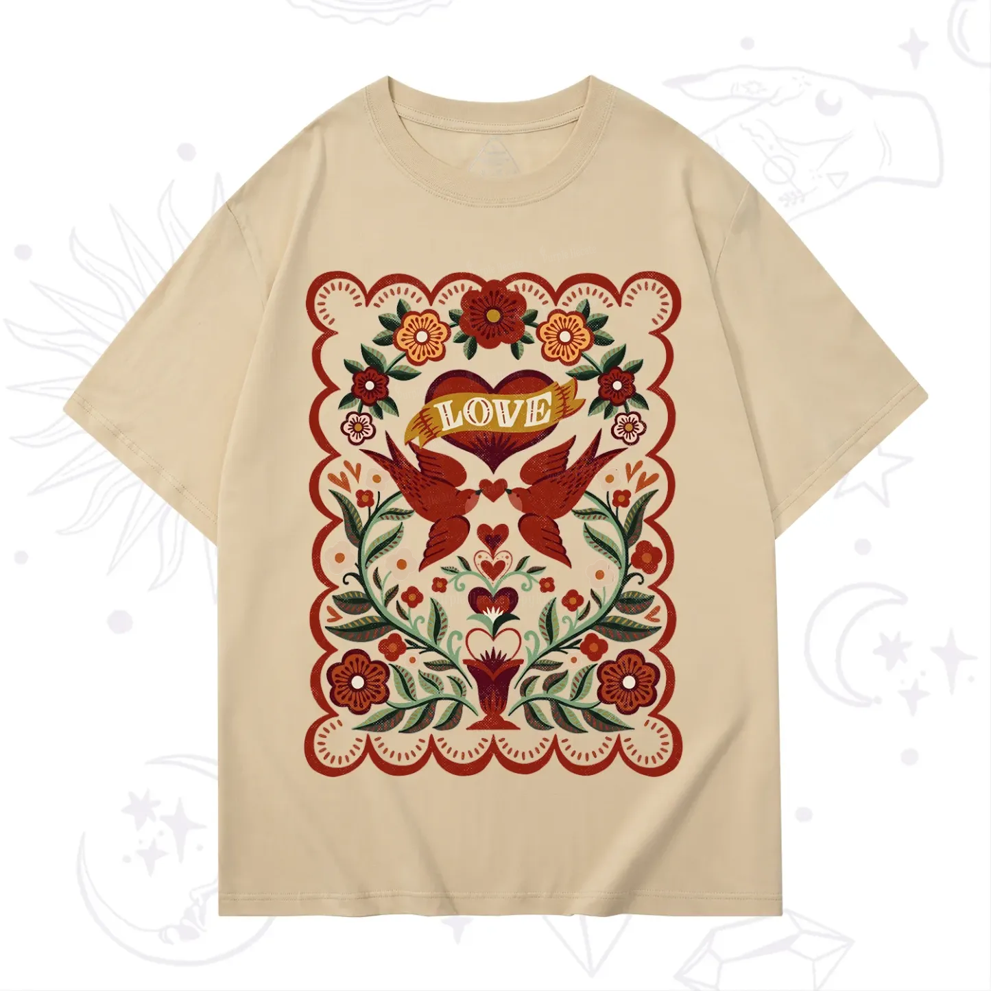 Purplehecate Folk Love Birds Floral T-Shirt
