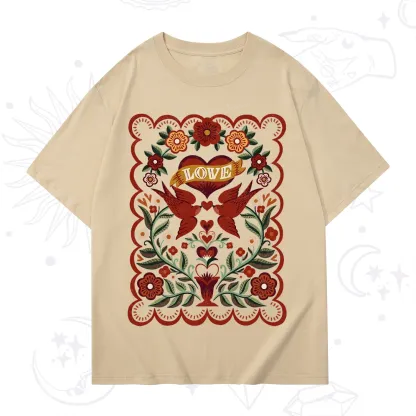 Purplehecate Folk Love Birds Floral T-Shirt