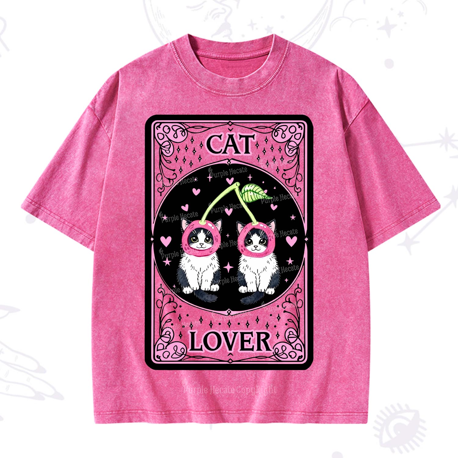 Purplehecate The Lovers Cherry Cat Tarot Washed T-Shirt
