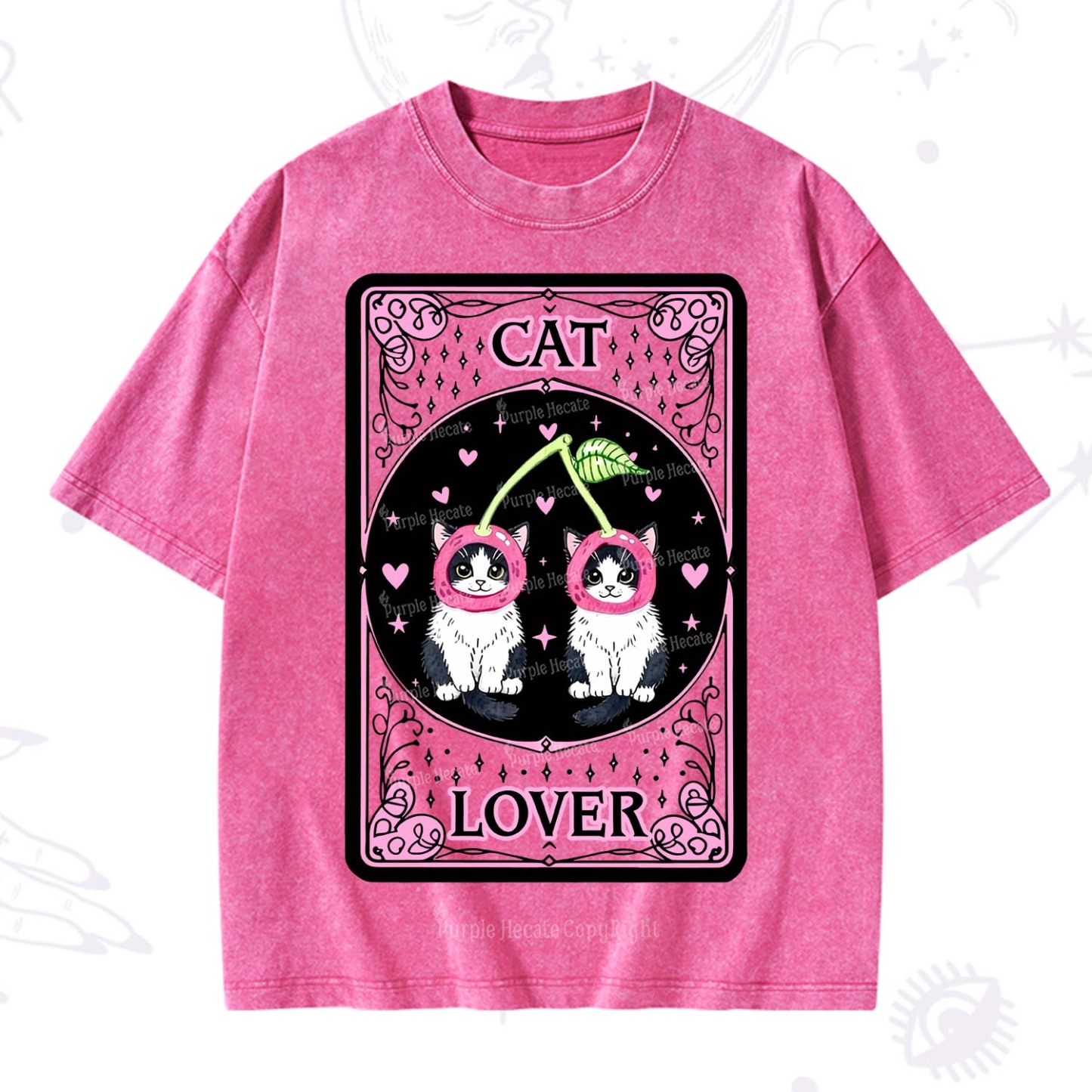 Purplehecate The Lovers Cherry Cat Tarot Washed T-Shirt