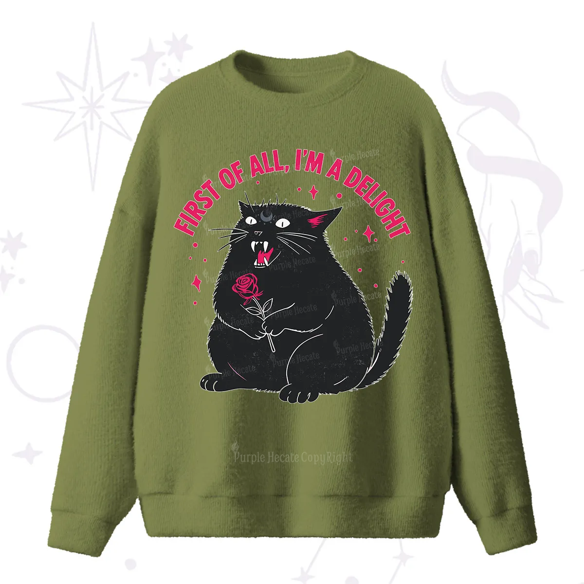 Purplehecate First Of All I'm A Delight Cat Fuzzy Ugly Sweater