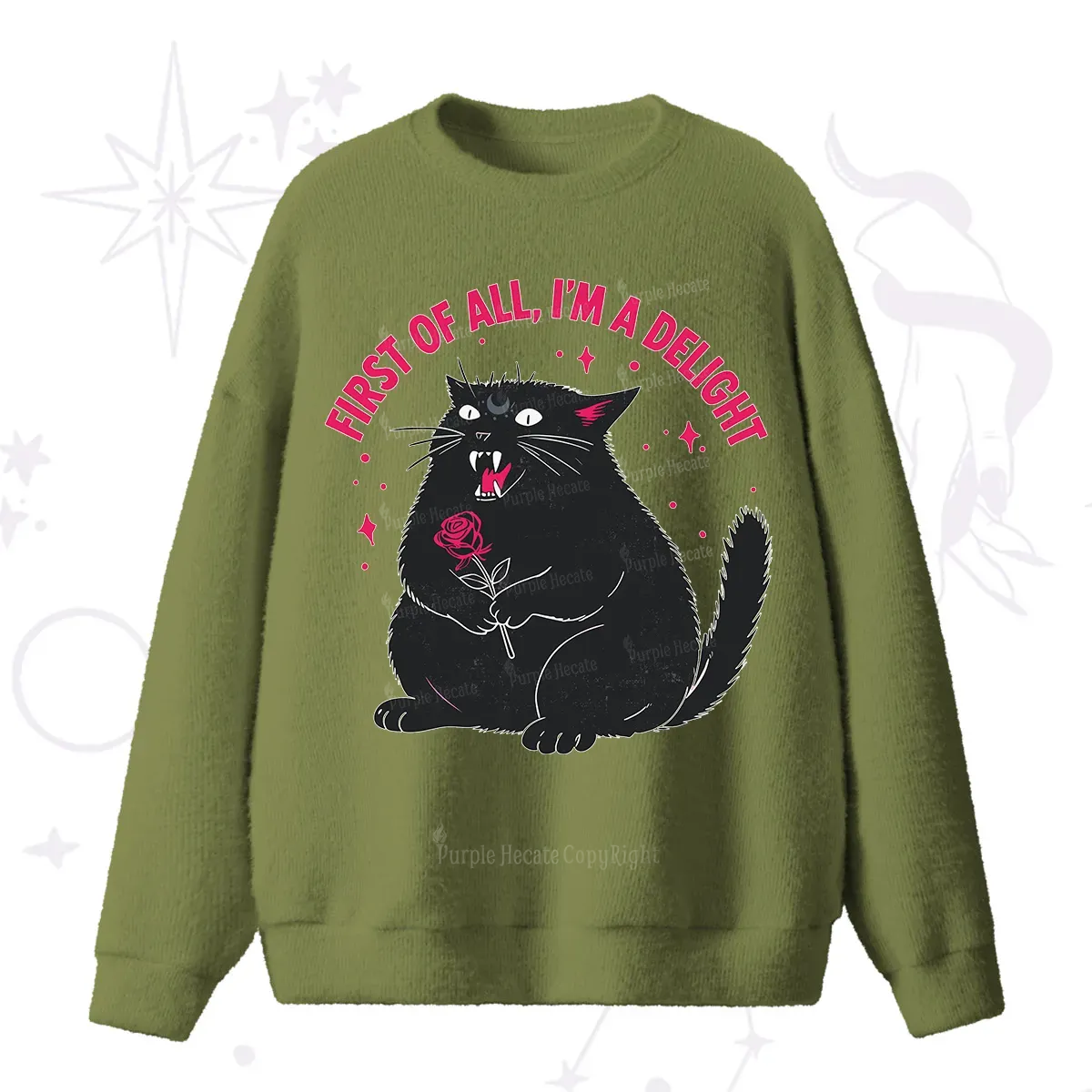 Purplehecate First Of All I'm A Delight Cat Fuzzy Ugly Sweater
