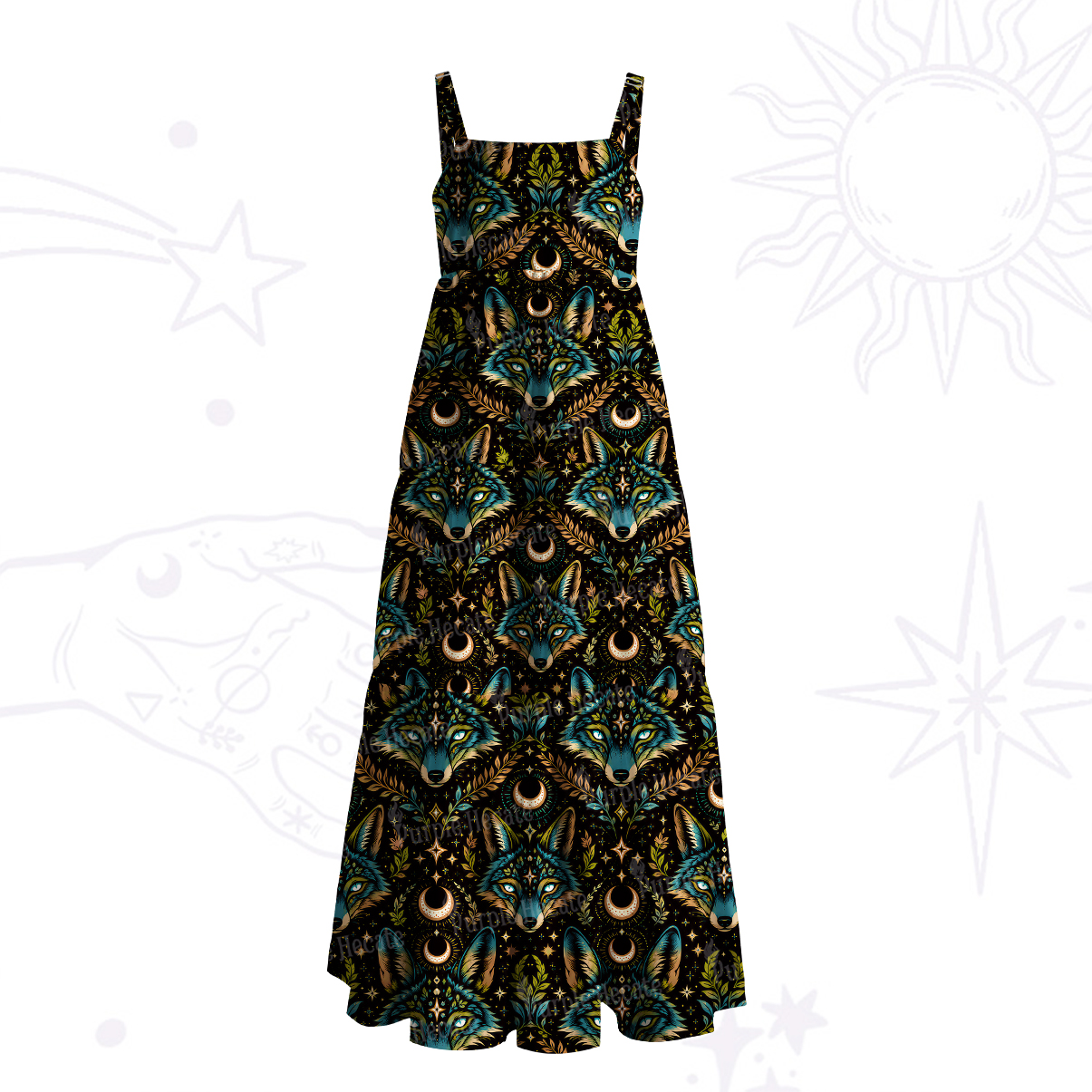 Purplehecate Lunar Forest Spirit Wolf Wide Straps Maxi Dress