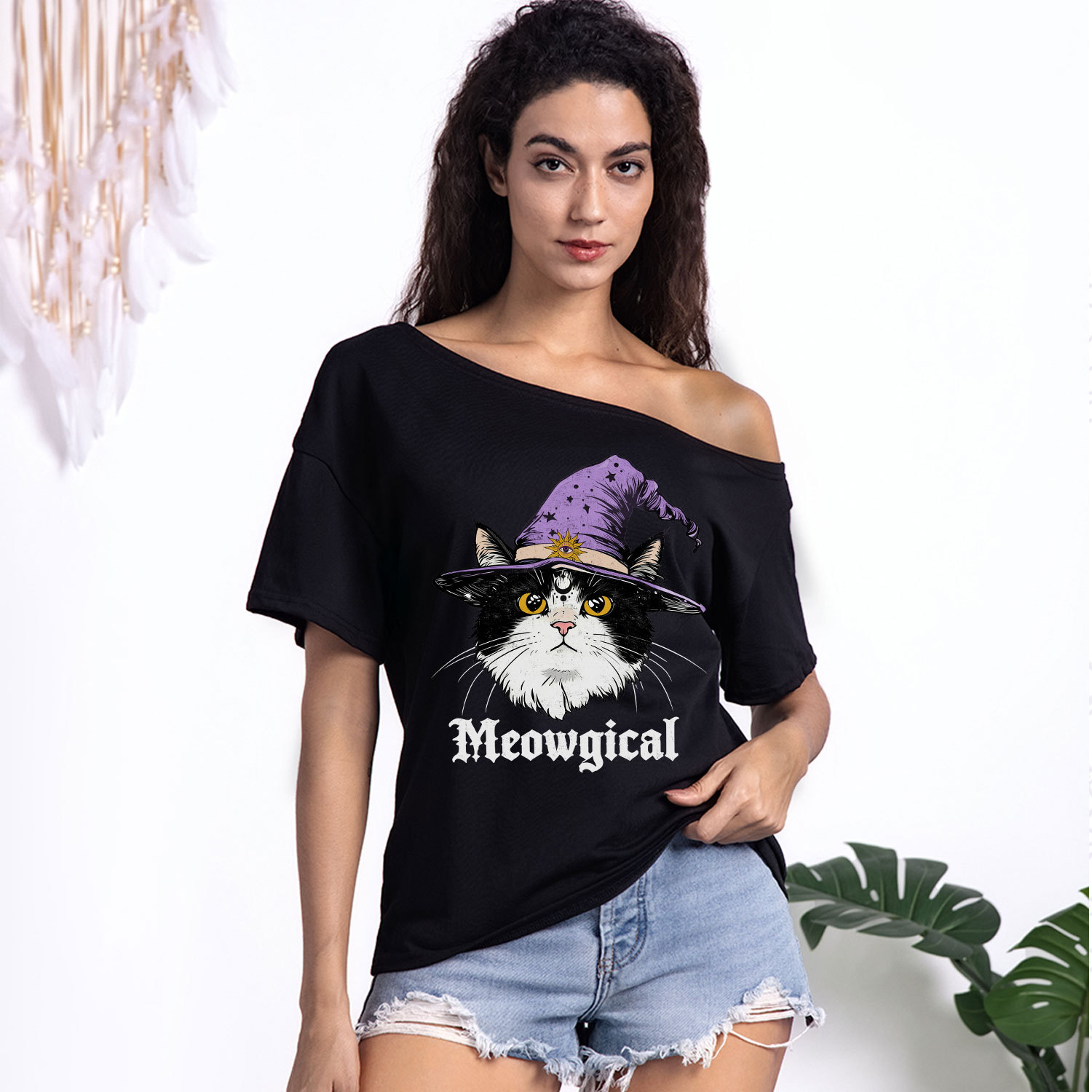 Purplehecate Meowgical Witch Cat One Shoulder T-Shirt