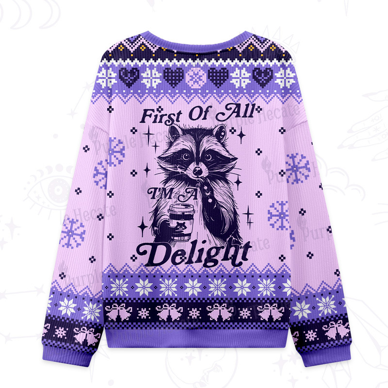 Purplehecate First Of All I'm A Delightful Funny Raccoon Ugly Christmas Sweatshirts