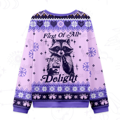 Purplehecate First Of All I'm A Delightful Funny Raccoon Ugly Christmas Sweatshirts