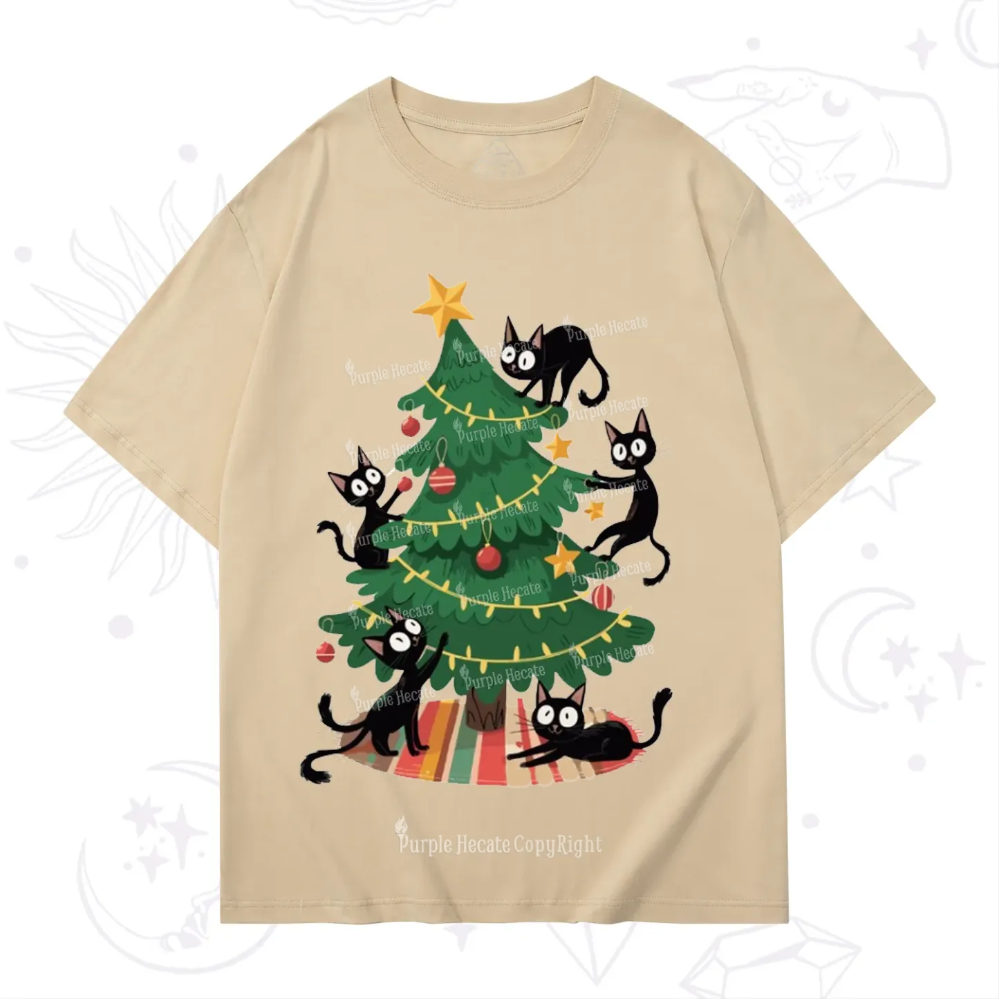Purplehecate Black Cat in Tree Christmas T-Shirt
