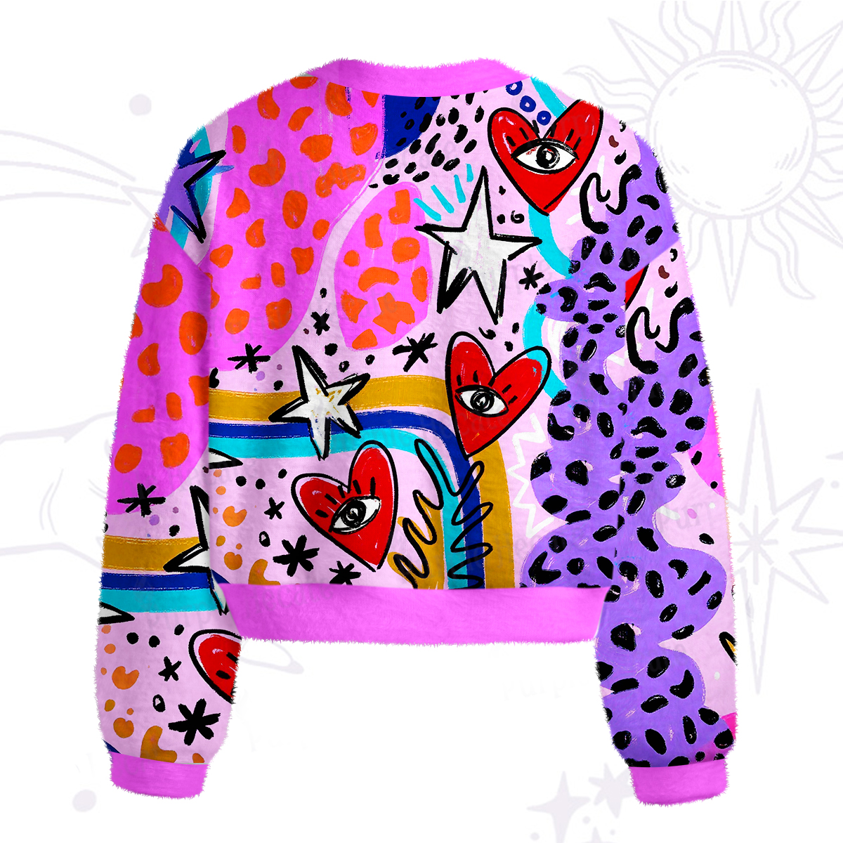 Purplehecate Cosmic Love Eyes Graffiti Fuzzy Crewneck Sweater