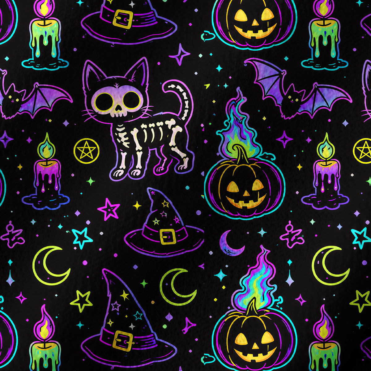 Purplehecate Neon Halloween Skeleton Cat Off Shoulder Long Sleeve Knit Top