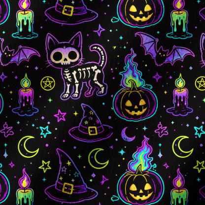 Purplehecate Neon Halloween Skeleton Cat Off Shoulder Long Sleeve Knit Top