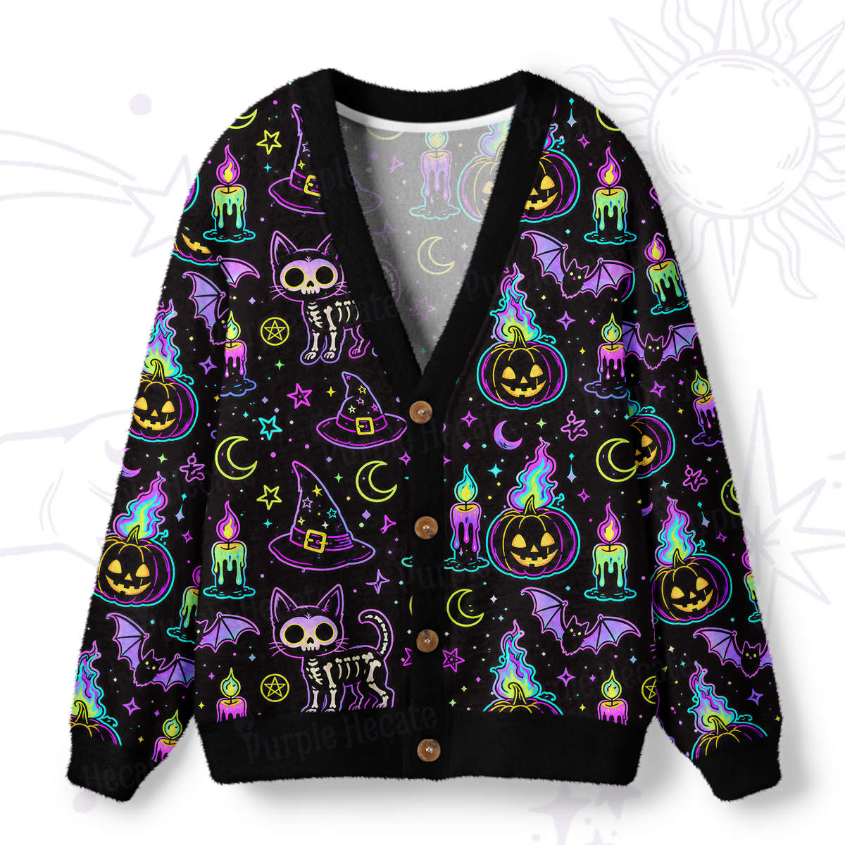 Purplehecate Neon Halloween Skeleton Cat Ugly Cardigan Sweaters