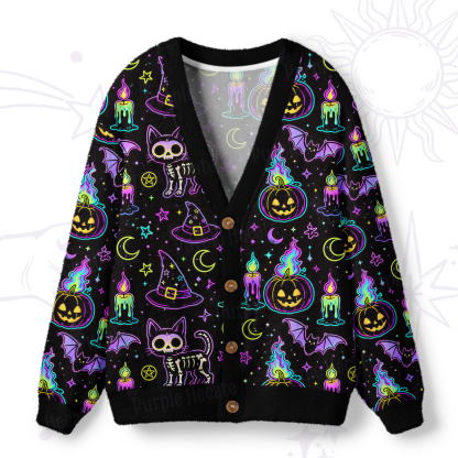 Purplehecate Neon Halloween Skeleton Cat Ugly Cardigan Sweaters