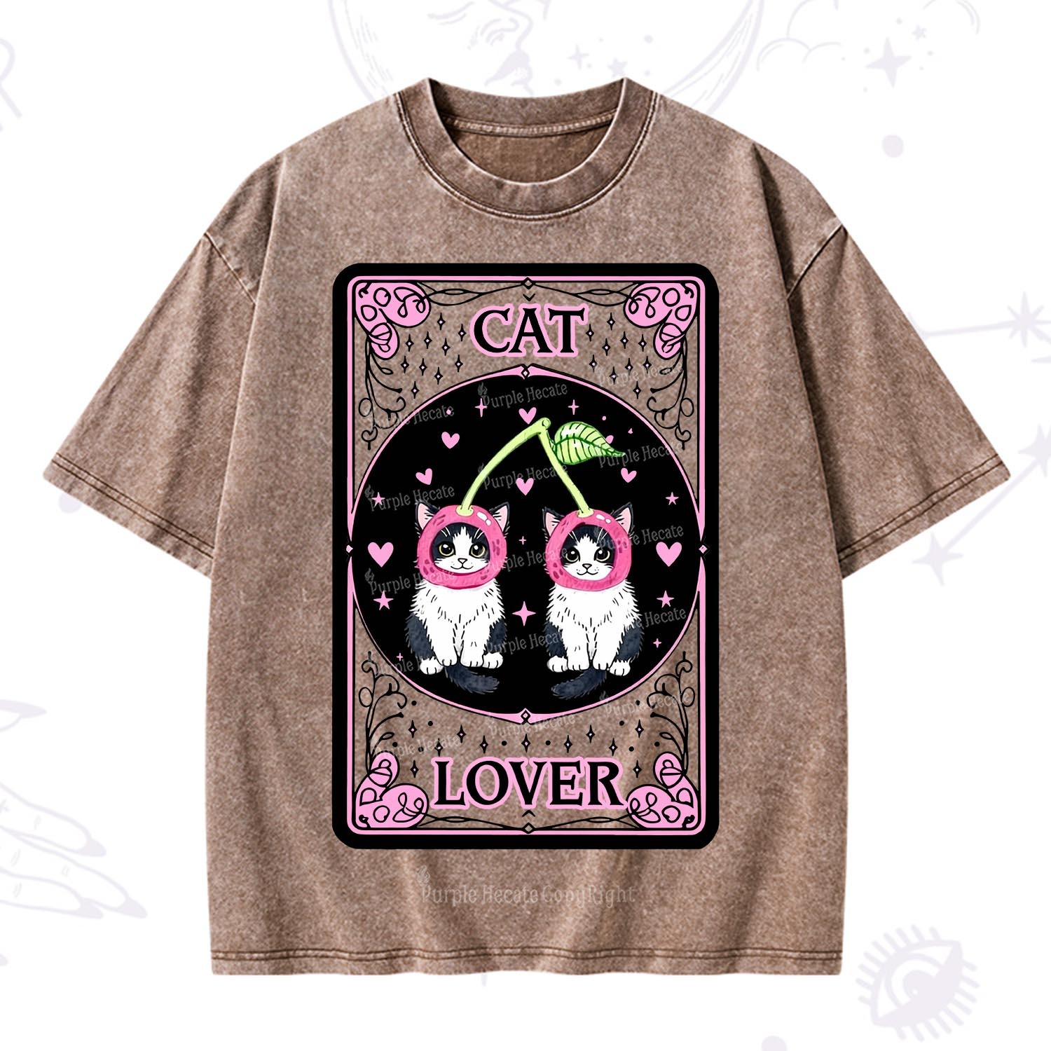 Purplehecate The Lovers Cherry Cat Tarot Washed T-Shirt