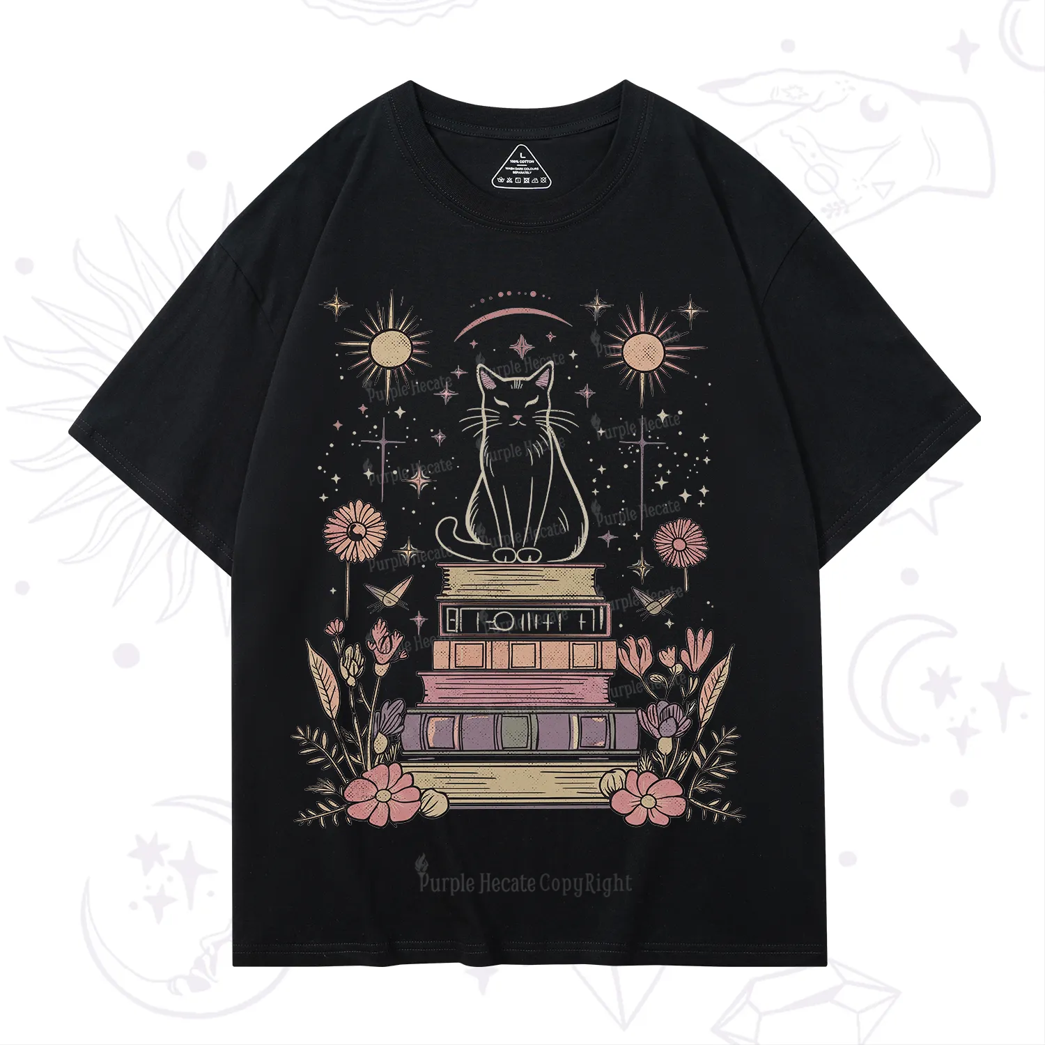 Purplehecate Mystical Cat Reading a Witchy Book T-Shirt