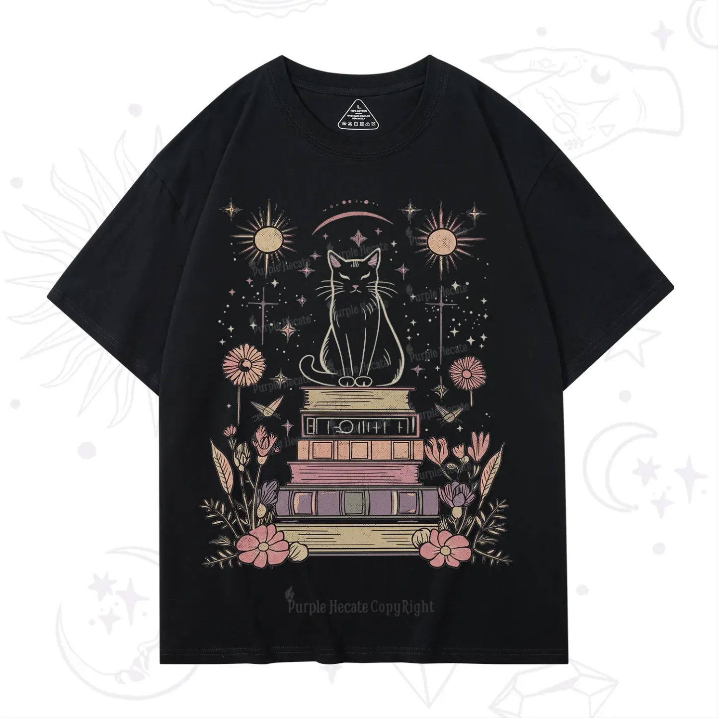 Purplehecate Mystical Cat Reading a Witchy Book T-Shirt